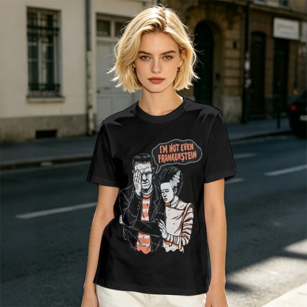 Olive T-shirt with Frankenstein and Bride 'I'm Not Even Frankenstein' Print