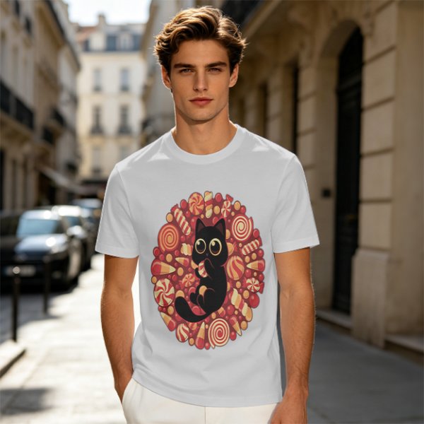 Olive T-Shirt With Cute Black Cat Holding Candy Surrounded By Sweets