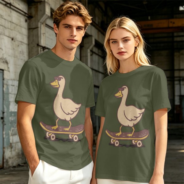 Olive T-Shirt Featuring a Cool Duck Wearing Sunglasses Riding a Skateboard