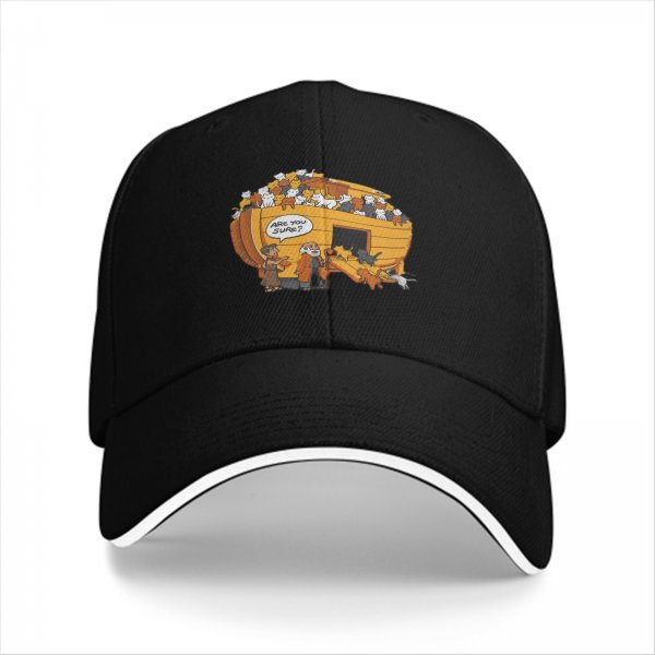 Black Baseball Cap With Funny Noah's Ark Cat Cartoon Print