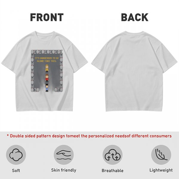 Olive t-shirt with retro video game 'It's dangerous to go alone' print