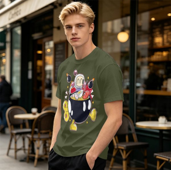 Olive T-shirt with Bomberman Character Eating Ramen Print