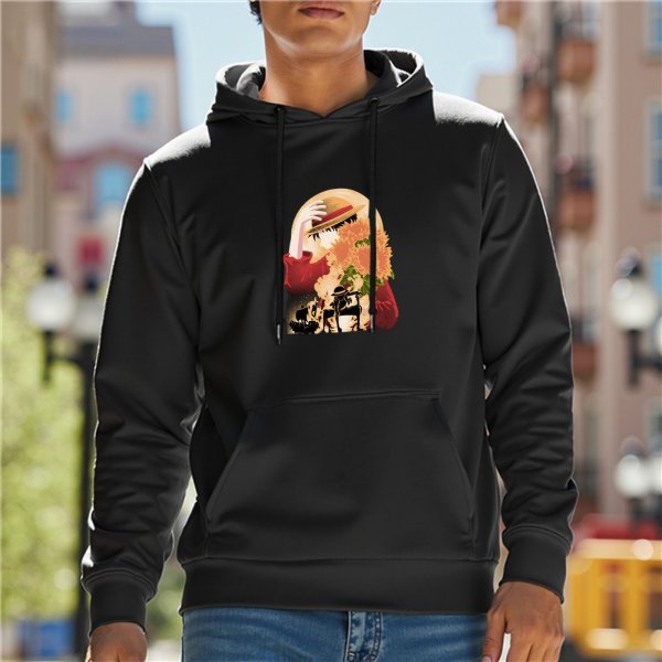 Black hoodie with anime character and floral graphic print