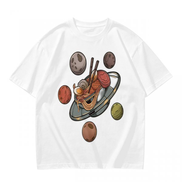 Olive green t-shirt with ramen planet space graphic print