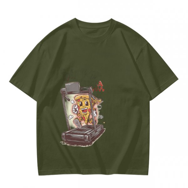 Olive T-shirt with cartoon pizza running on treadmill graphic