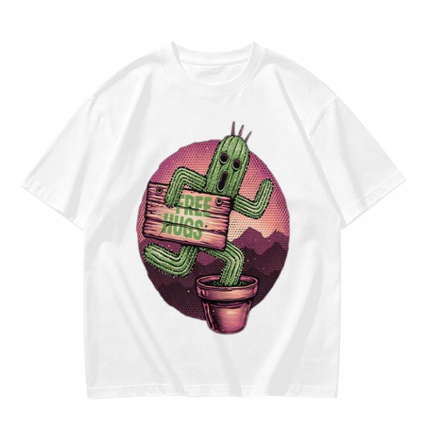 Olive T-shirt with Cartoon Cactus Free Hugs Desert Print