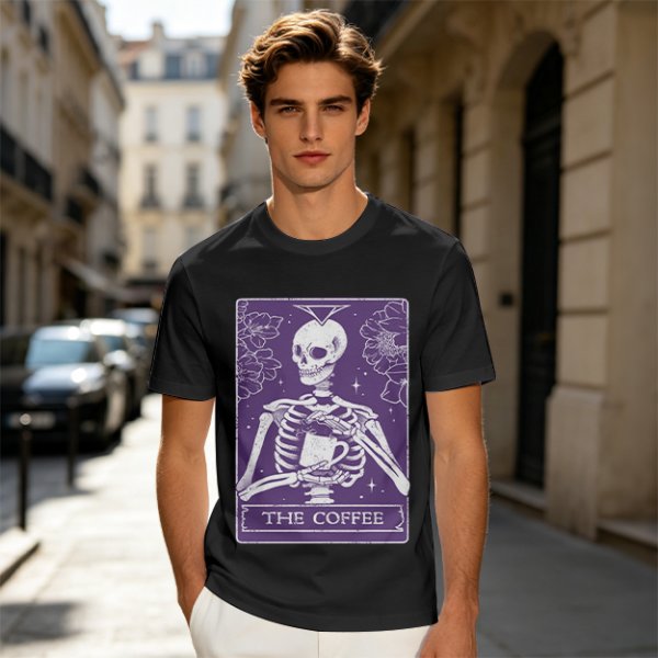 Olive T-Shirt With Skeleton Tarot Card 'The Coffee' Print