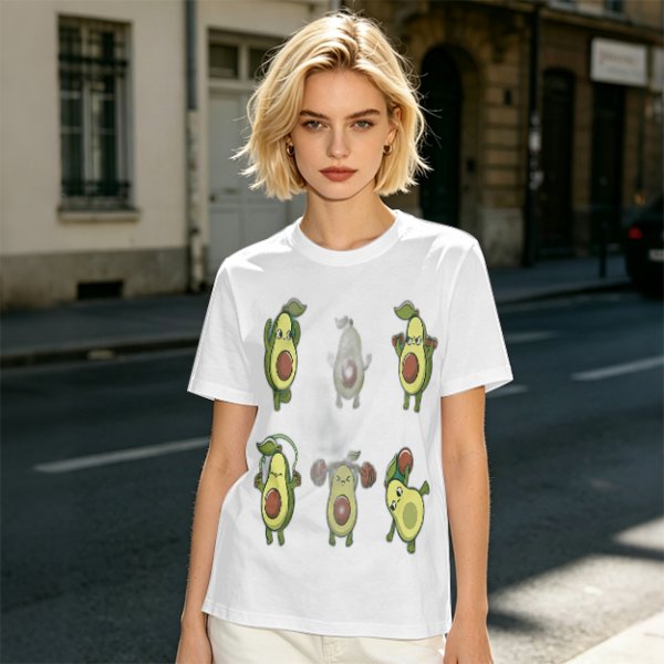 Olive Green T-Shirt with Cartoon Avocado Fitness Characters Print
