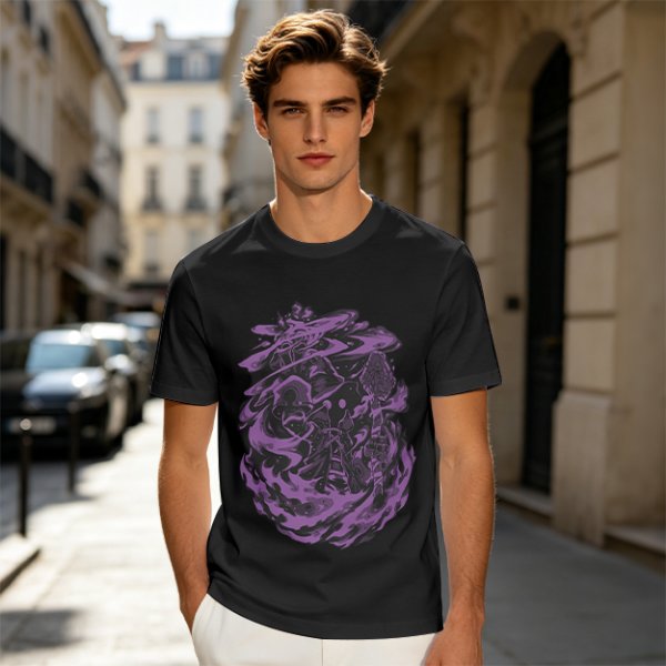 Olive Green T-Shirt with Purple Abstract Swirling Graphic Print