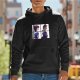 Black hoodie with four side-profile character grid graphic print