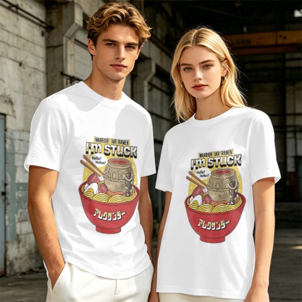 Olive graphic tee with ramen bowl and stuck jar print