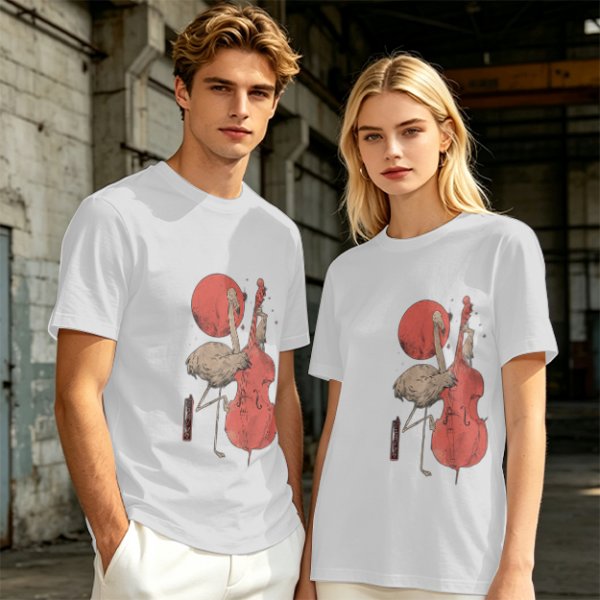 Olive T-Shirt With Crane Playing Cello Red Moon Art Print