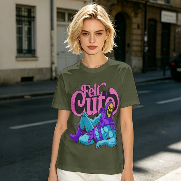 Olive t-shirt with 'Felt Cute' Skeletor graphic print