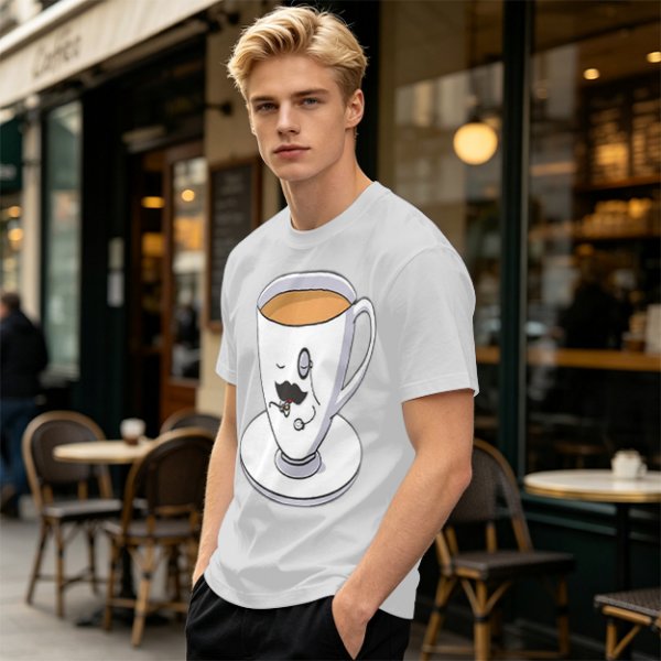 Olive Green T-Shirt With Dapper Cartoon Teacup Graphic