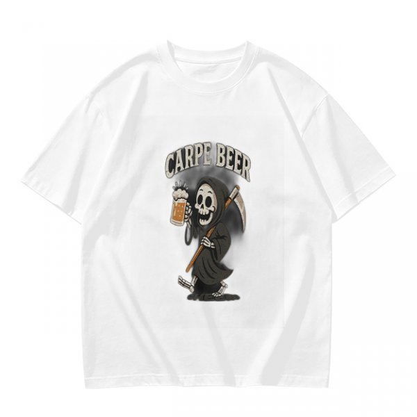 Olive green t-shirt with Carpe Beer grim reaper holding beer mug graphic