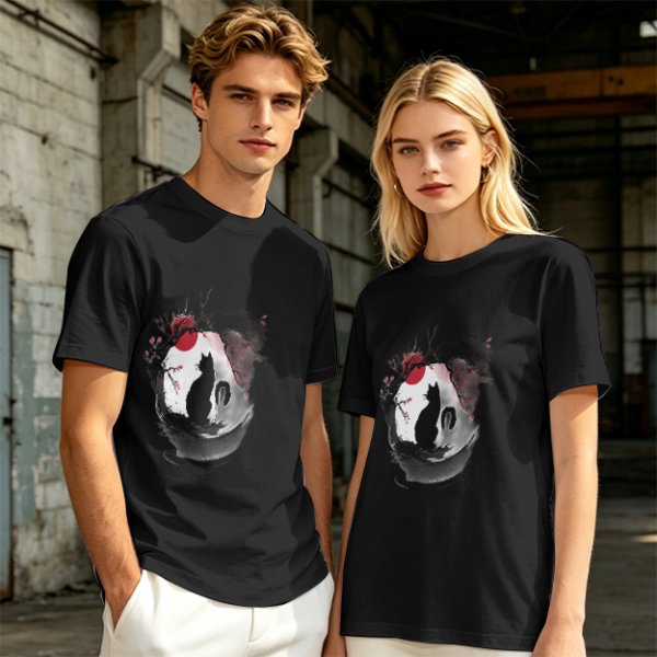 Olive T-Shirt with Japanese Style Cat and Red Sun Art Print
