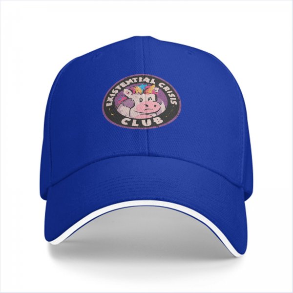 Black baseball cap with Existential Crisis Club sad unicorn graphic