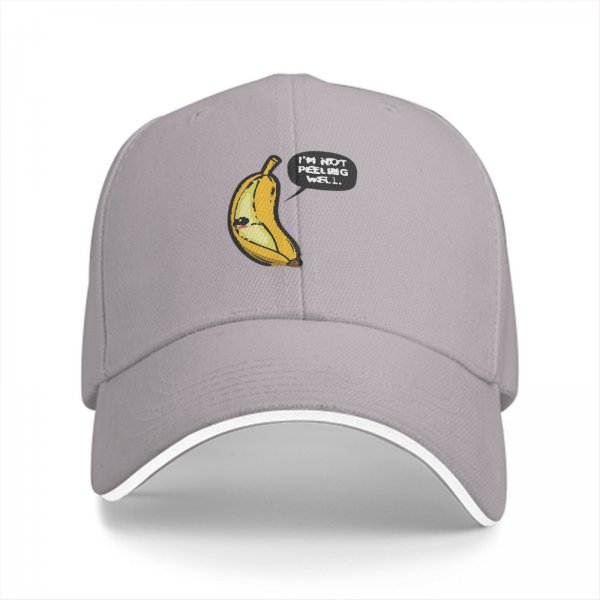 Black baseball cap with sad banana graphic reading I'm not peeling well