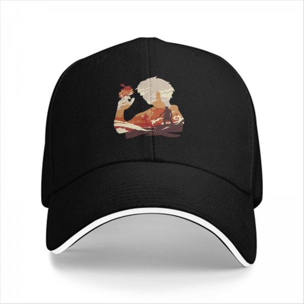 Black baseball cap with anime silhouette graphic of two characters