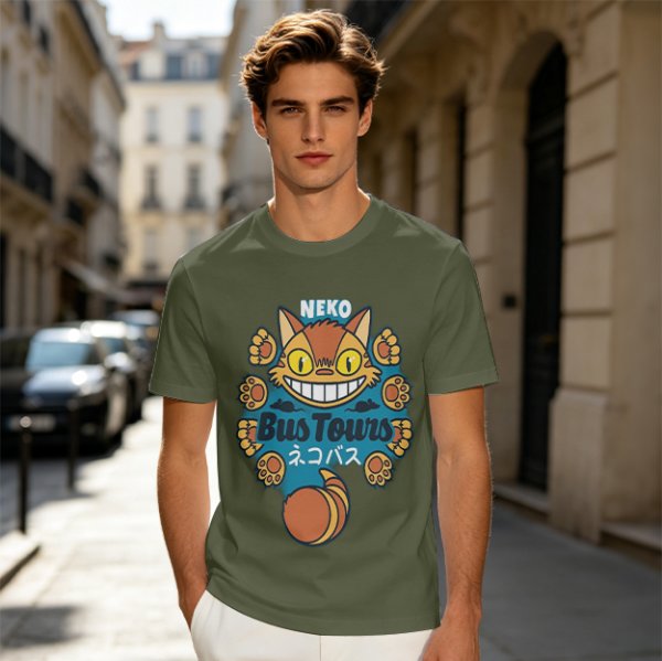 Neko Bus Tours Cat Graphic Olive T-Shirt