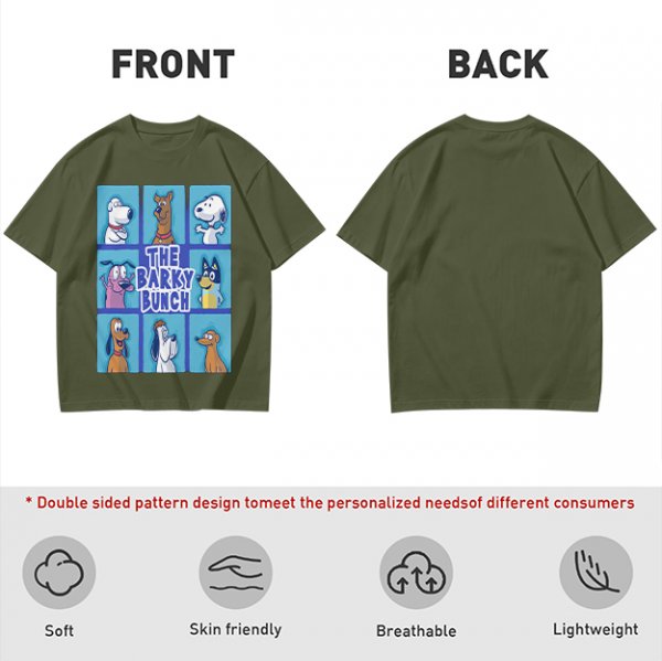 Olive green t-shirt with The Barky Bunch cartoon dog graphic