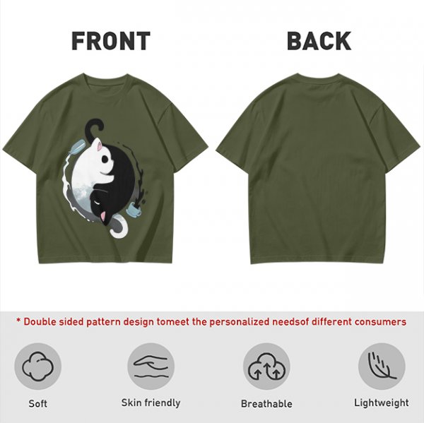 Olive T-Shirt with Yin Yang Cats and Spilled Coffee Cups Print