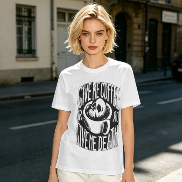 Give Me Coffee Or Death Skull Coffee Cup Graphic T-Shirt