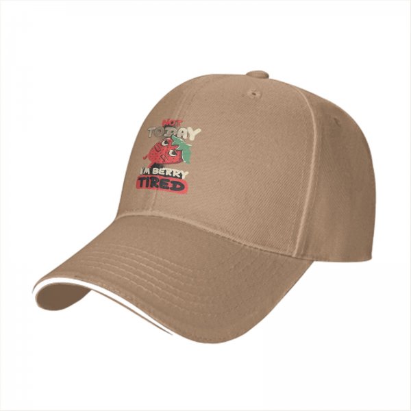 Black baseball cap with 'Not Today I'm Berry Tired' strawberry graphic