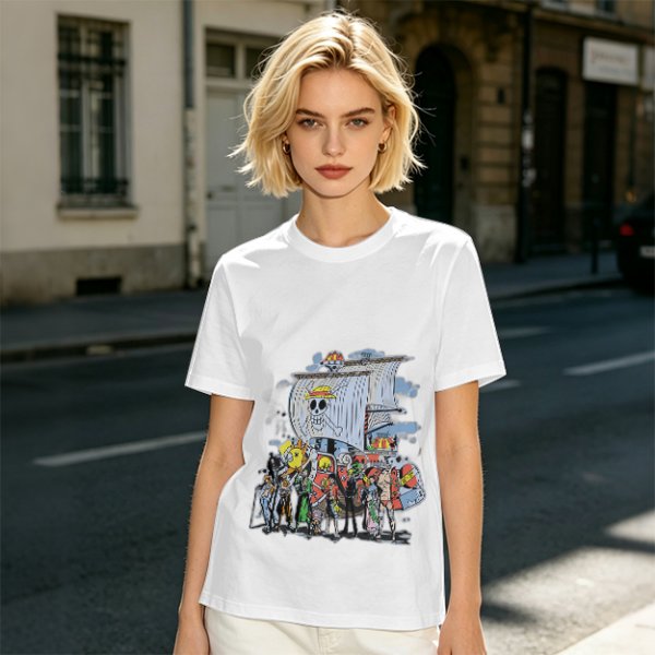 Olive T-Shirt with One Piece Straw Hat Pirates Crew and Ship Print