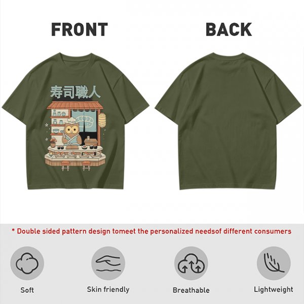 Owl sushi chef at Japanese sushi shop graphic t-shirt