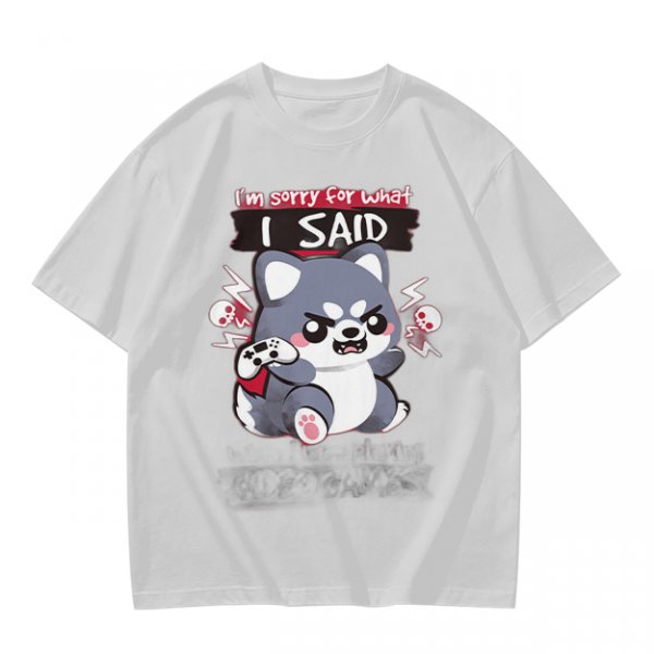 Olive t-shirt with angry gaming wolf graphic and funny apology text