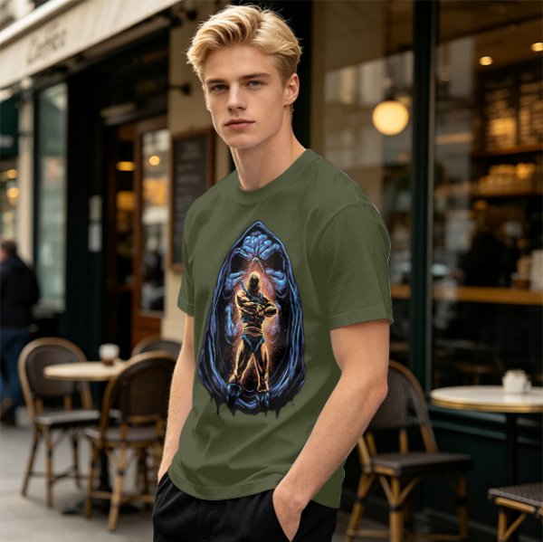 Olive T-Shirt with Muscular Hero Emerging from Hooded Figure Art