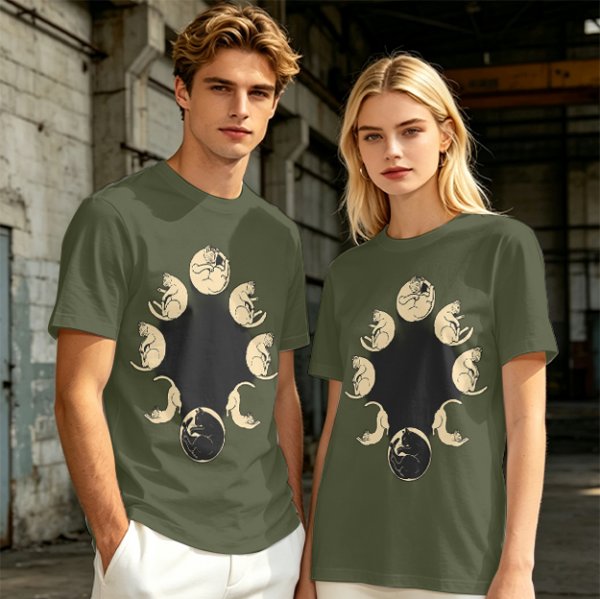 Olive T-Shirt With Cat Phases Moon Cycle Graphic Print
