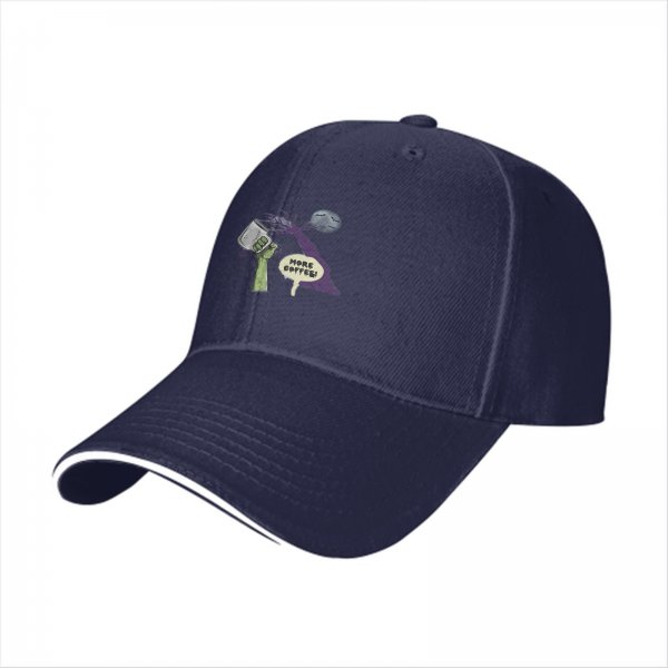 Black baseball cap with 'More Coffee!' monster graphic print
