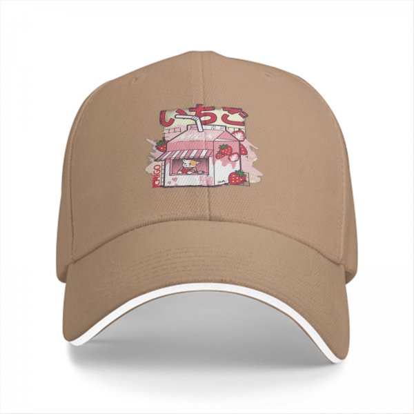 Black baseball cap with cute strawberry milk carton cat graphic