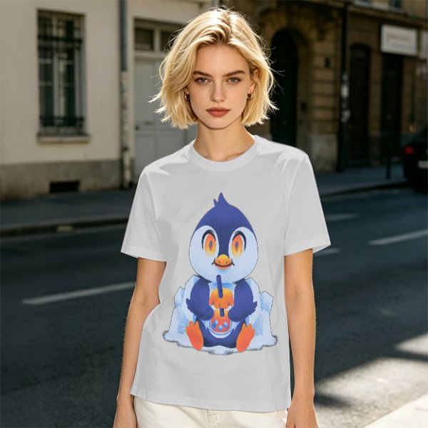 Olive T-shirt with Cute Penguin Drinking Boba Tea Print