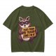Olive t-shirt with a raccoon holding a fast food trash sign