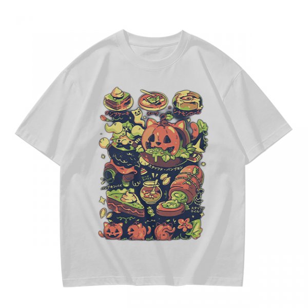 Olive T-Shirt With Halloween Themed Food And Pumpkin Cat Print