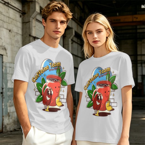 Olive green graphic t-shirt with caffeine team coffee cup and bean illustration