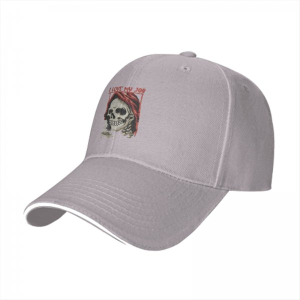 Black baseball cap with 'I Love My Job' grim reaper skull graphic
