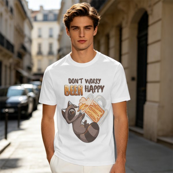 Oversized olive t-shirt with raccoon drinking beer graphic