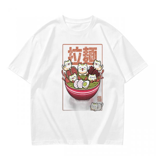 Olive T-Shirt With Cute Ramen Cat Bowl Graphic Print