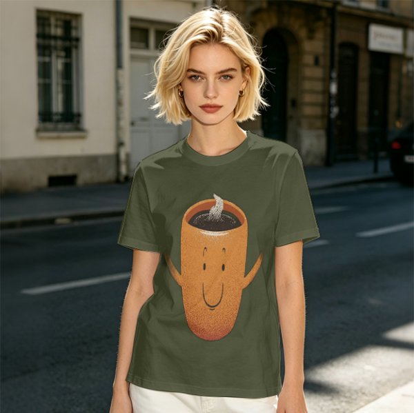 Olive Green T-Shirt With Happy Steaming Coffee Cup Graphic