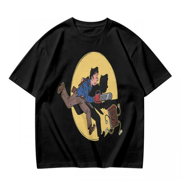 Olive T-shirt with Cartoon Chainsaw Action Character Print