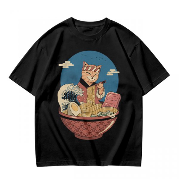 Cat Chef Eating Ramen in Great Wave Bowl T-Shirt