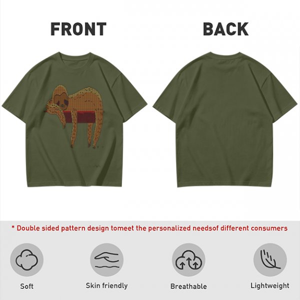 Olive Green T-Shirt with Sleeping Sloth Graphic Print