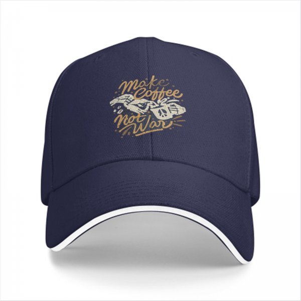 Black baseball cap with 'Make Coffee Not War' graphic print