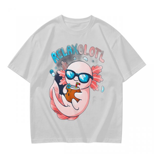 Olive t-shirt with a relaxed axolotl wearing sunglasses holding a drink