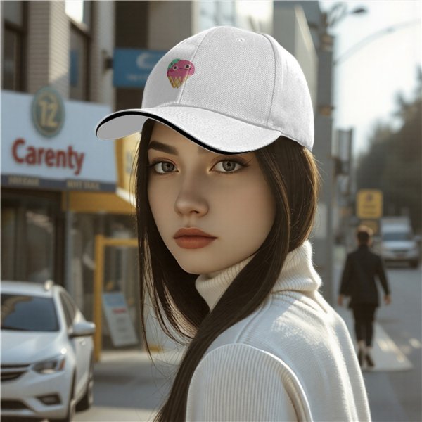 Black Baseball Cap with Cute Melting Ice Cream Cone Graphic