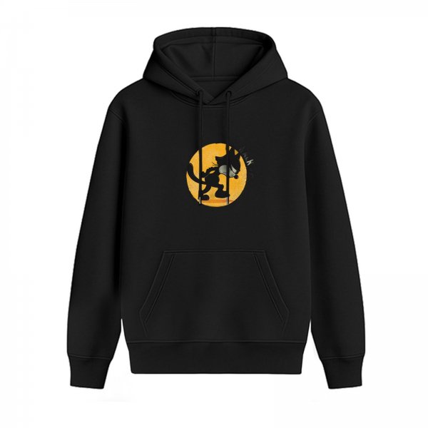 Black Hoodie With Silhouette Cat Against Yellow Moon Graphic